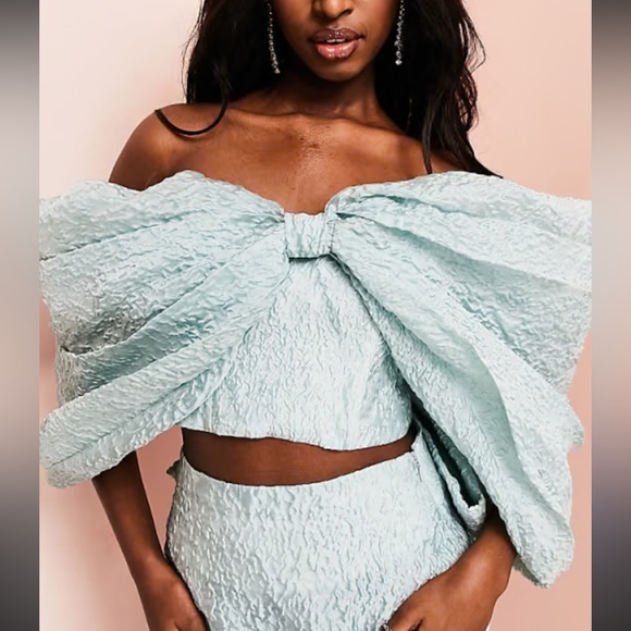 ASOS Tops - ASOS Mint Textured Off-Shoulder Bow Crop Top
